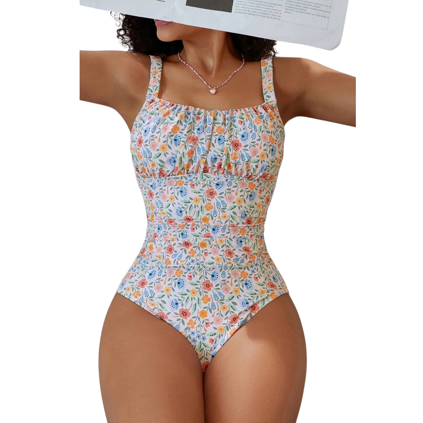 FLORAL SQUARE NECK RUCHED WOMEN'S ONE-PIECE SWIMSUIT