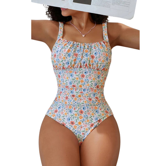 FLORAL SQUARE NECK RUCHED WOMEN'S ONE-PIECE SWIMSUIT