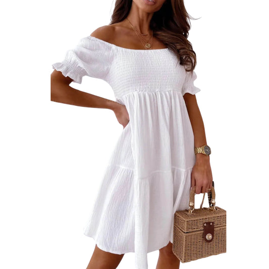 SMOCKED OFF-SHOULDER MINI DRESS